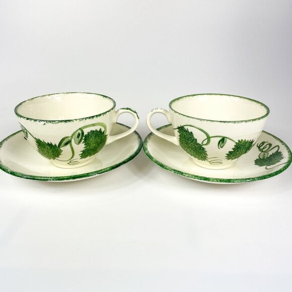 Poole Pottery Green Leaf Breakfast Cup and Saucer 2 sets - Picture 1 of 13